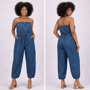 Indulge In Style NWT Strapless Blue Denim Smocked Jogger Jumpsuit Romper Size XL